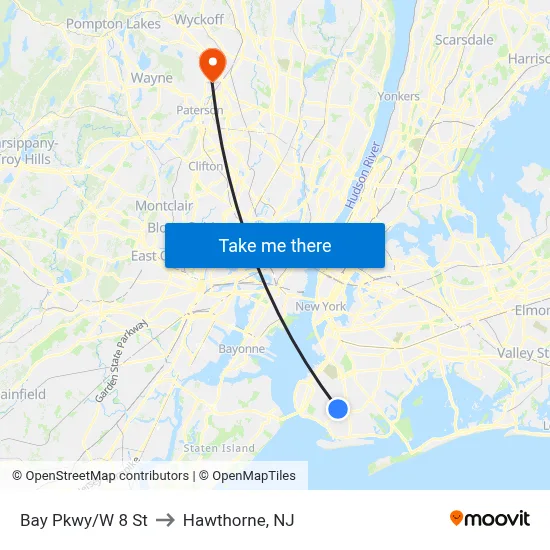 Bay Pkwy/W 8 St to Hawthorne, NJ map