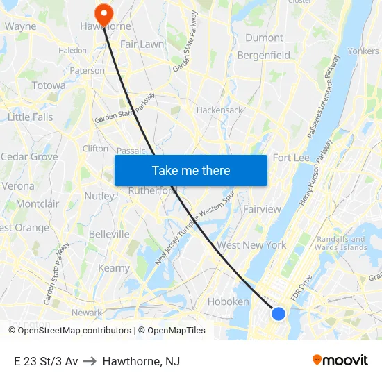 E 23 St/3 Av to Hawthorne, NJ map