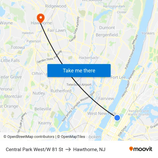 Central Park West/W 81 St to Hawthorne, NJ map