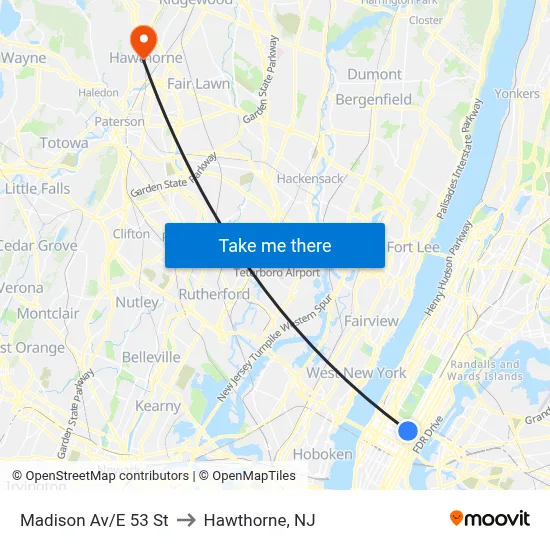 Madison Av/E 53 St to Hawthorne, NJ map