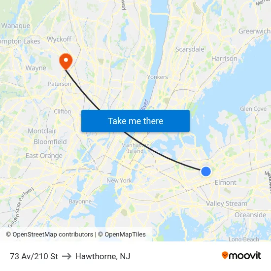 73 Av/210 St to Hawthorne, NJ map