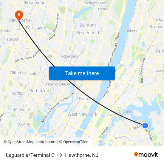 Laguardia/Terminal C to Hawthorne, NJ map
