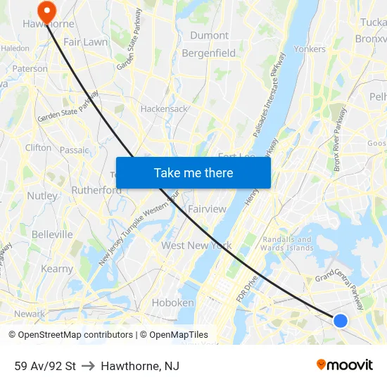 59 Av/92 St to Hawthorne, NJ map