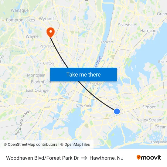 Woodhaven Blvd/Forest Park Dr to Hawthorne, NJ map