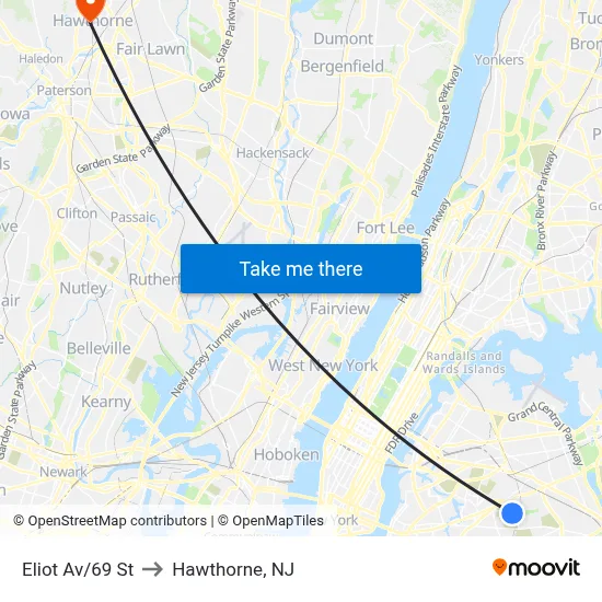 Eliot Av/69 St to Hawthorne, NJ map