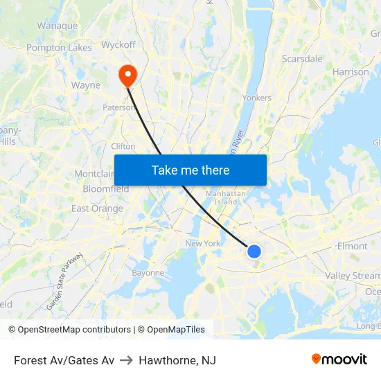 Forest Av/Gates Av to Hawthorne, NJ map