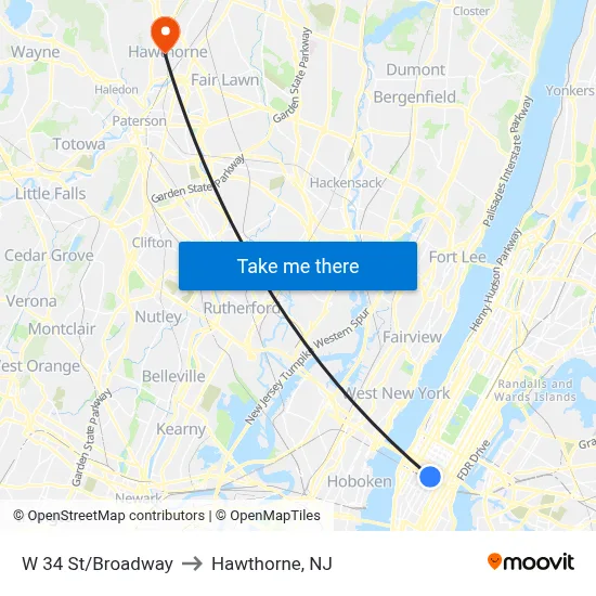 W 34 St/Broadway to Hawthorne, NJ map