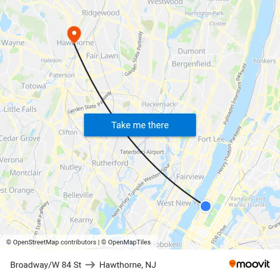 Broadway/W 84 St to Hawthorne, NJ map