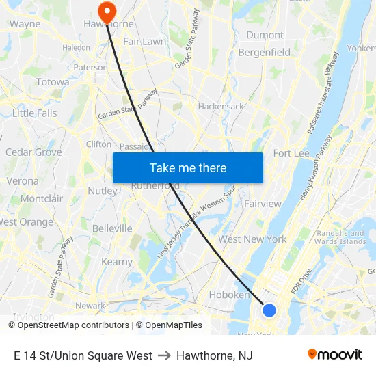 E 14 St/Union Square West to Hawthorne, NJ map