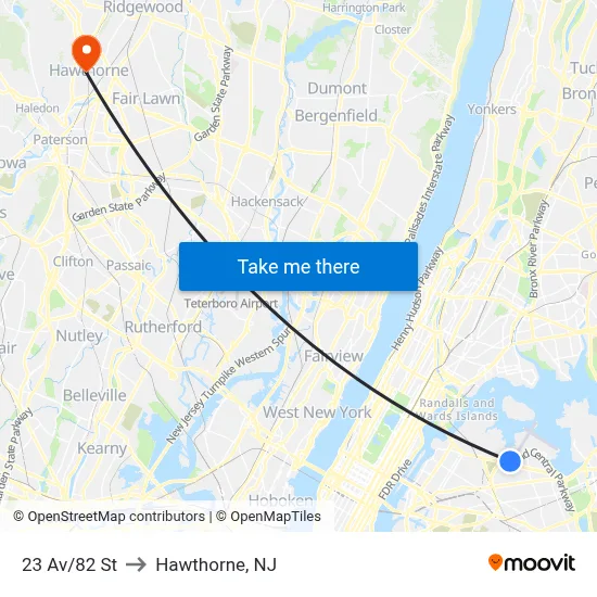 23 Av/82 St to Hawthorne, NJ map