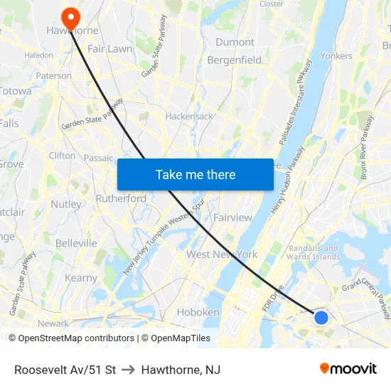 Roosevelt Av/51 St to Hawthorne, NJ map