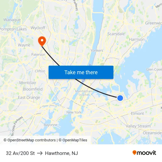 32 Av/200 St to Hawthorne, NJ map