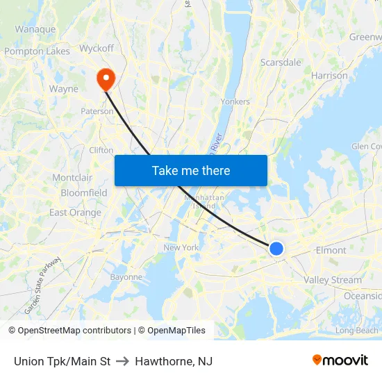 Union Tpk/Main St to Hawthorne, NJ map