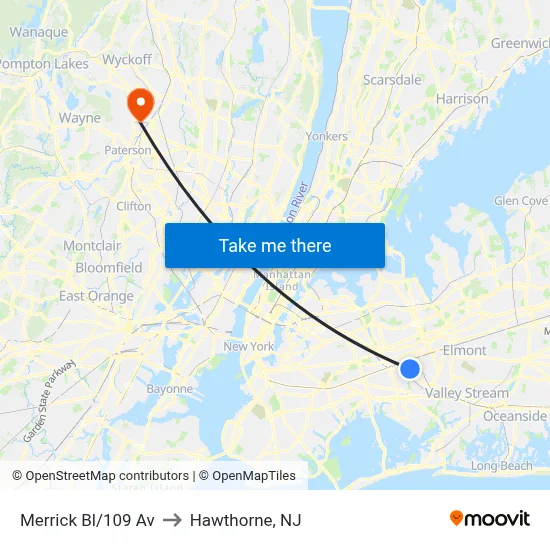 Merrick Bl/109 Av to Hawthorne, NJ map