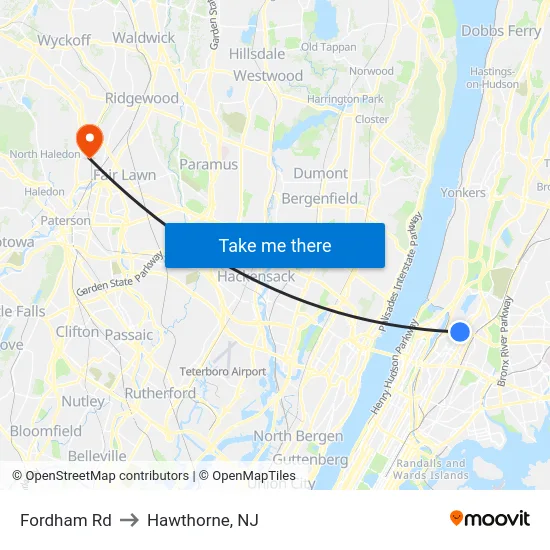 Fordham Rd to Hawthorne, NJ map