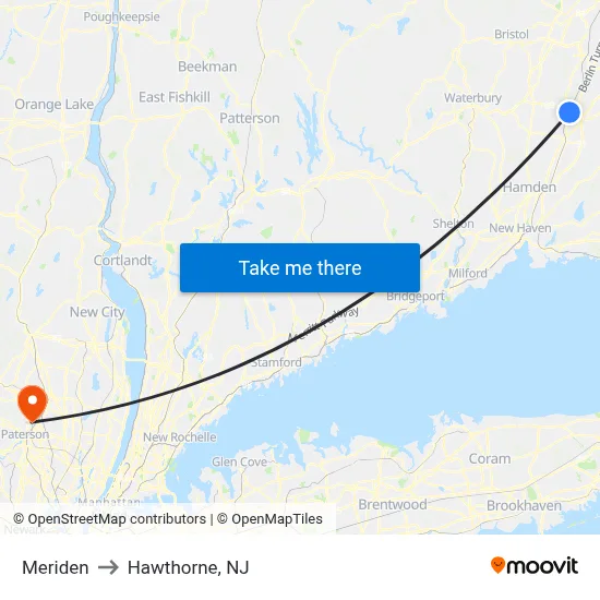 Meriden to Hawthorne, NJ map
