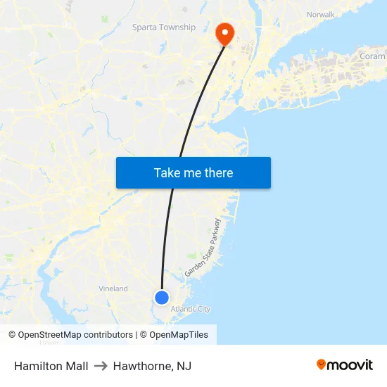 Hamilton Mall to Hawthorne, NJ map