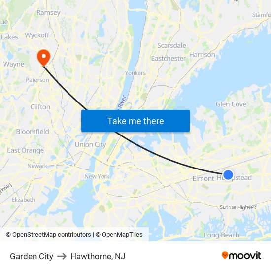 Garden City to Hawthorne, NJ map