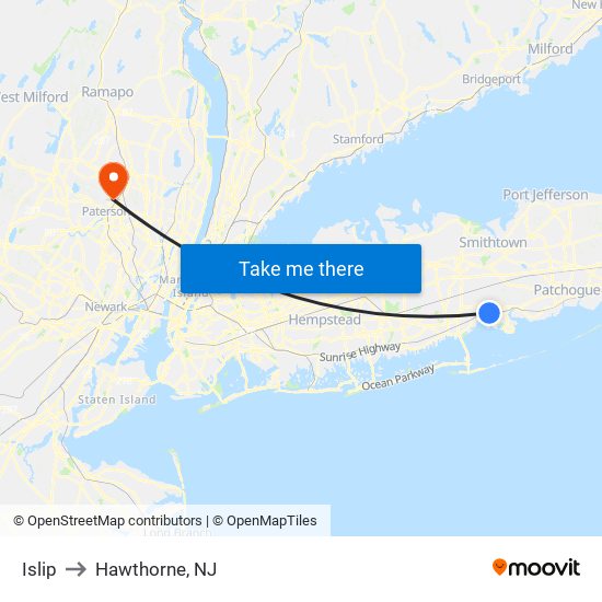 Islip to Hawthorne, NJ map