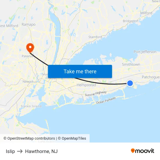 Islip to Hawthorne, NJ map