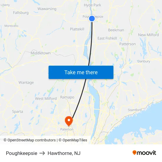 Poughkeepsie to Hawthorne, NJ map