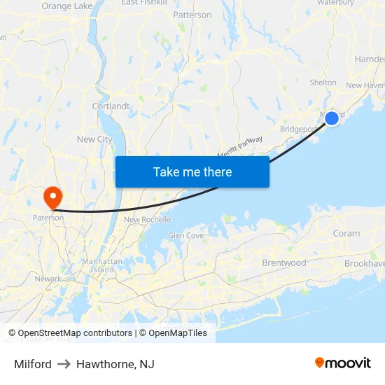 Milford to Hawthorne, NJ map