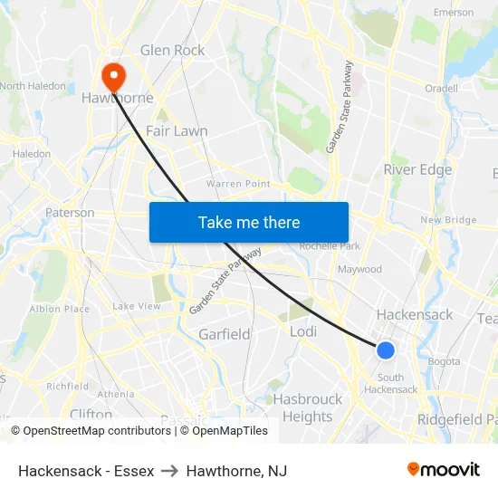 Hackensack - Essex to Hawthorne, NJ map