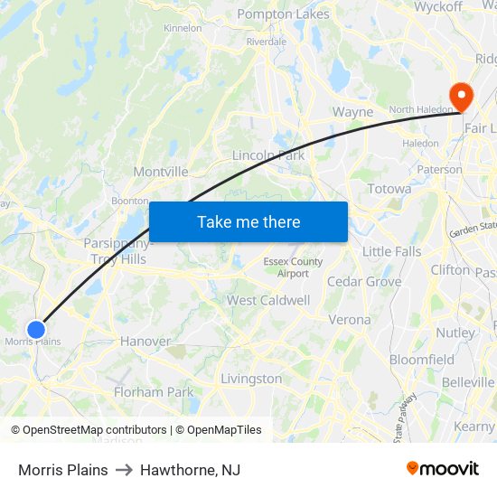 Morris Plains to Hawthorne, NJ map