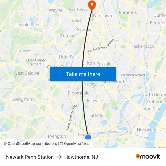 Newark Penn Station to Hawthorne, NJ map