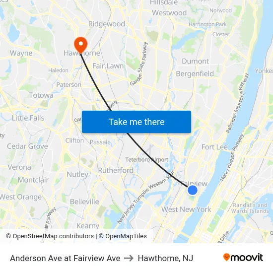 Anderson Ave at Fairview Ave to Hawthorne, NJ map