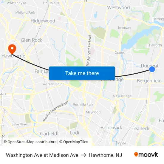 Washington Ave at Madison Ave to Hawthorne, NJ map