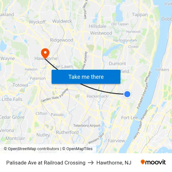 Palisade Ave at Railroad Crossing to Hawthorne, NJ map