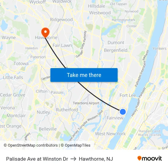 Palisade Ave at Winston Dr to Hawthorne, NJ map
