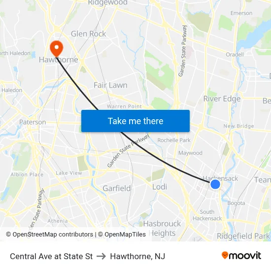 Central Ave at State St to Hawthorne, NJ map