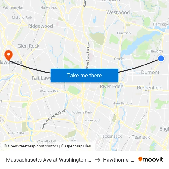 Massachusetts Ave at Washington Ave to Hawthorne, NJ map