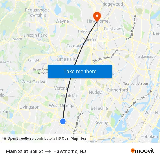 Main St at Bell St to Hawthorne, NJ map