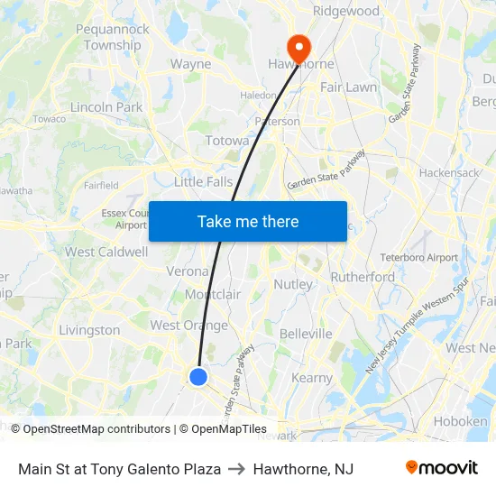 Main St at Tony Galento Plaza to Hawthorne, NJ map