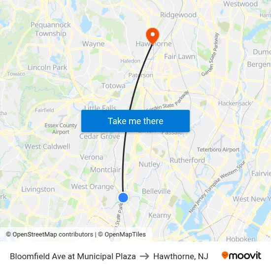 Bloomfield Ave at Municipal Plaza to Hawthorne, NJ map
