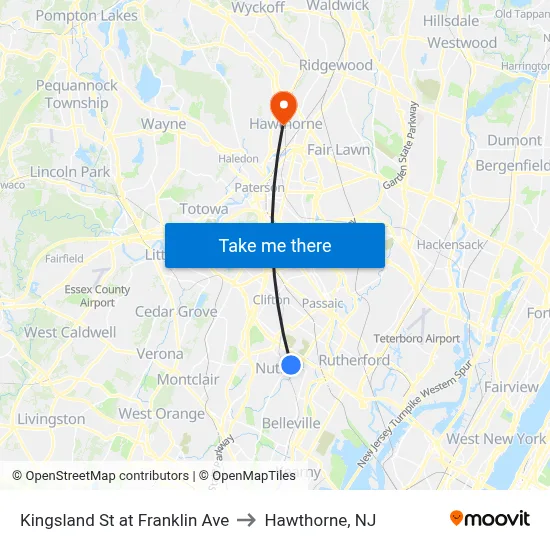 Kingsland St at Franklin Ave to Hawthorne, NJ map