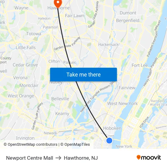 Newport Centre Mall to Hawthorne, NJ map