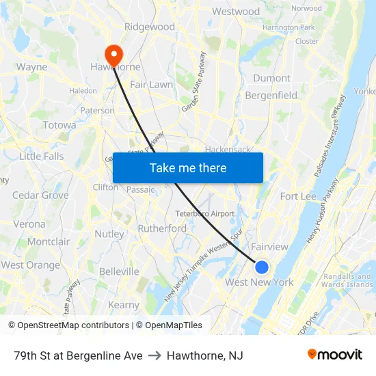 79th St at Bergenline Ave to Hawthorne, NJ map