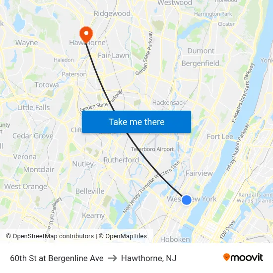 60th St at Bergenline Ave to Hawthorne, NJ map