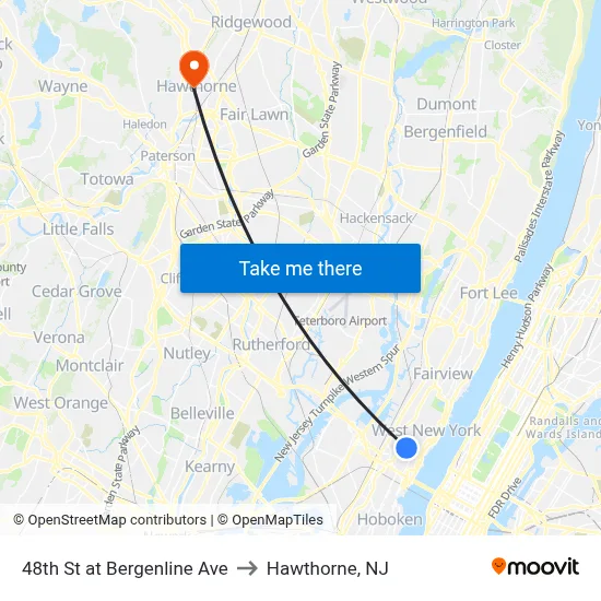 48th St at Bergenline Ave to Hawthorne, NJ map