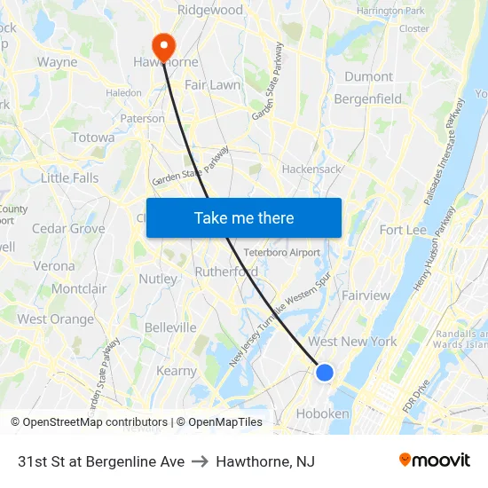 31st St at Bergenline Ave to Hawthorne, NJ map