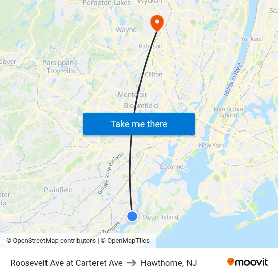 Roosevelt Ave at Carteret Ave to Hawthorne, NJ map
