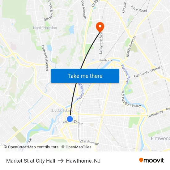 Market St at City Hall to Hawthorne, NJ map