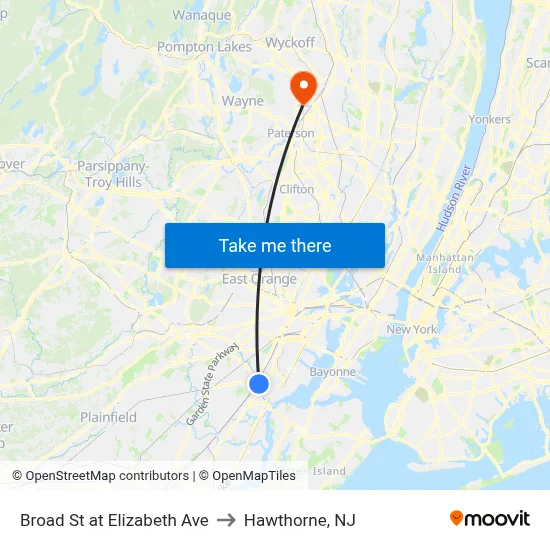 Broad St at Elizabeth Ave to Hawthorne, NJ map
