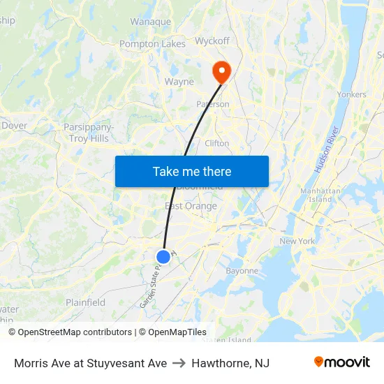 Morris Ave at Stuyvesant Ave to Hawthorne, NJ map