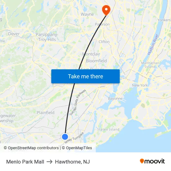 Menlo Park Mall to Hawthorne, NJ map