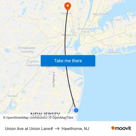 Union Ave at Union Lane# to Hawthorne, NJ map